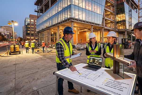 A project manager discussing lighting plans with a client on a construction site.